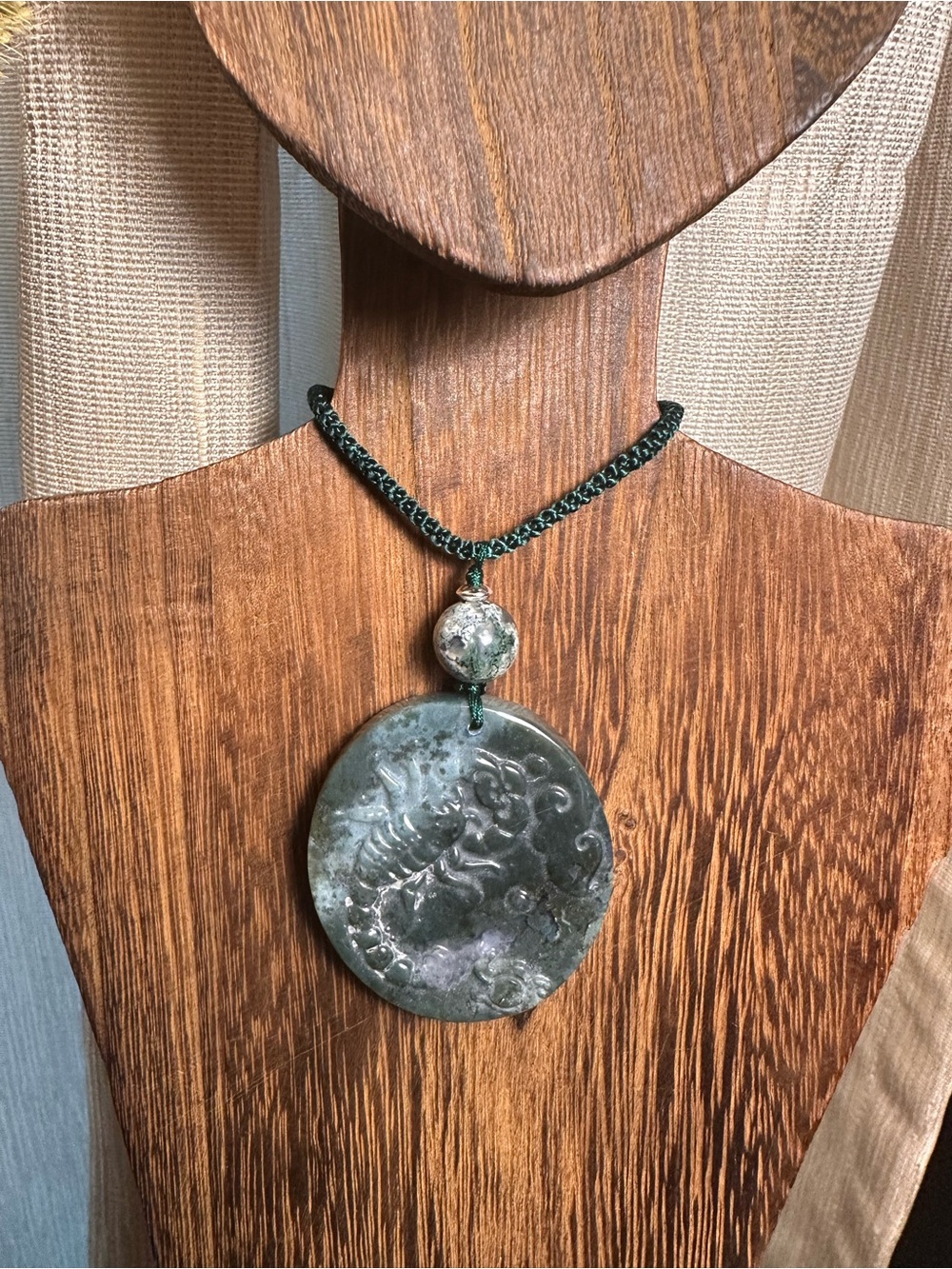 Moss Agate Scorpion Pendant Necklace on Green Rope - Picture 6 of 13